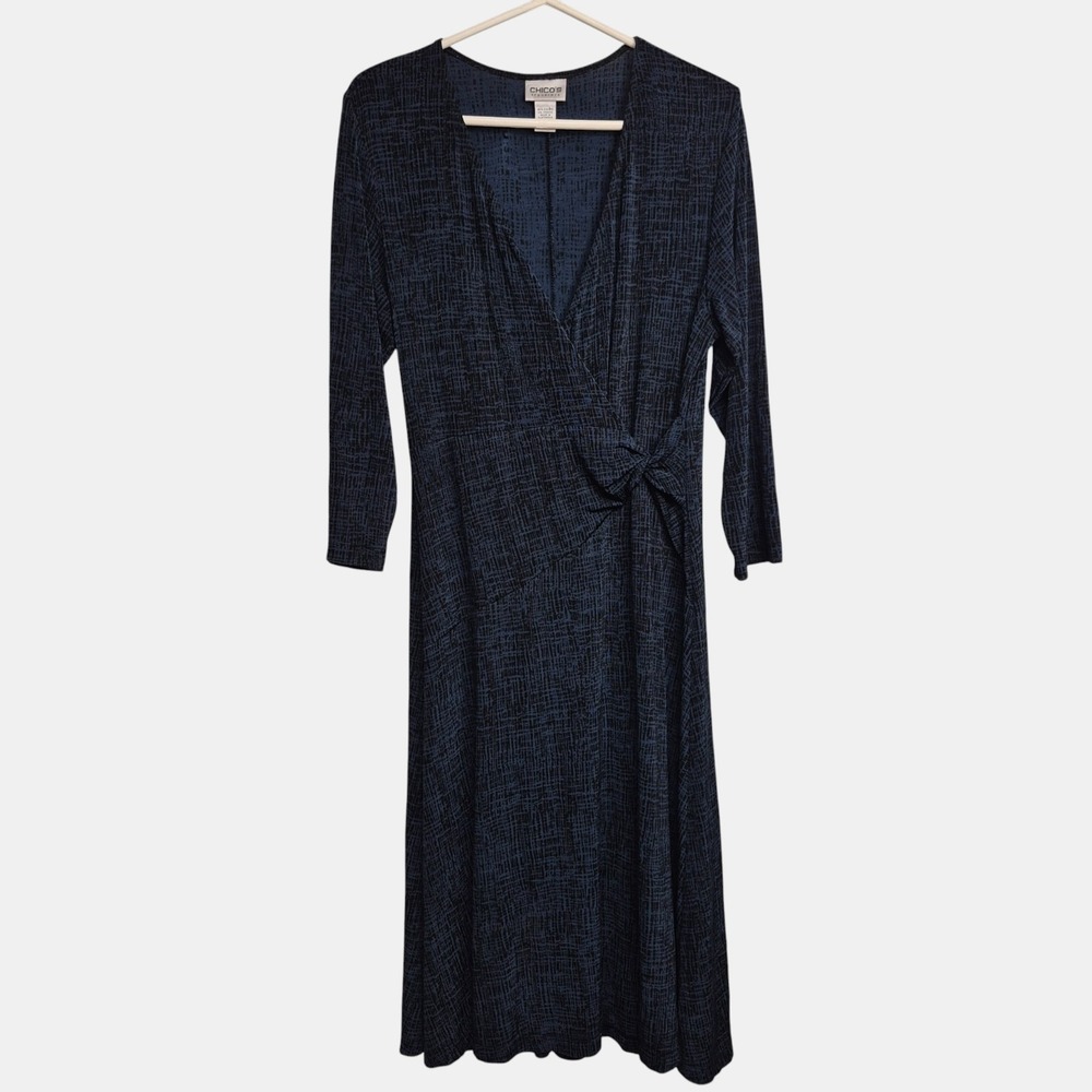 Chicos Travelers Womens 2 (L/12) Navy Blue Black Abstract Faux Wrap Midi Dress